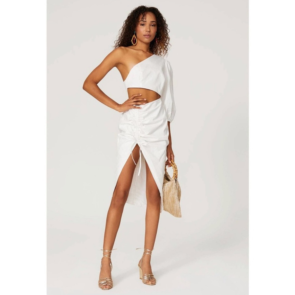 Revolve Sau Lee Dress 2 Jolene White Poplin One Shoulder Cutout 100% Cotton